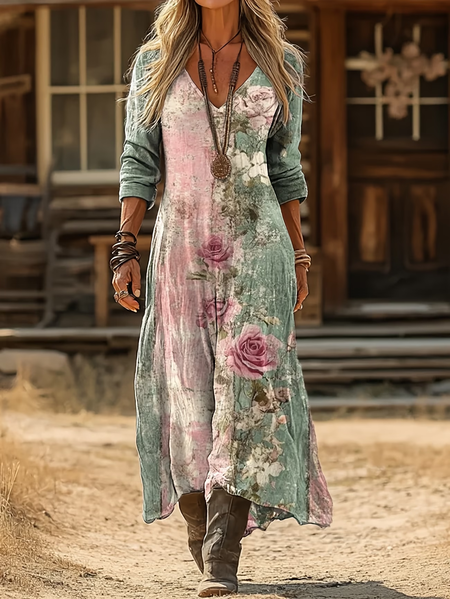 

Women Floral Spring/Fall Printing Dress V Neck Long Sleeve H-Line Dress, Green, Dresses