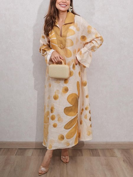 

Vacation Floral Bell Sleeve Printing Shawl Collar Maxi Dress, Yellow, Maxi Dresses