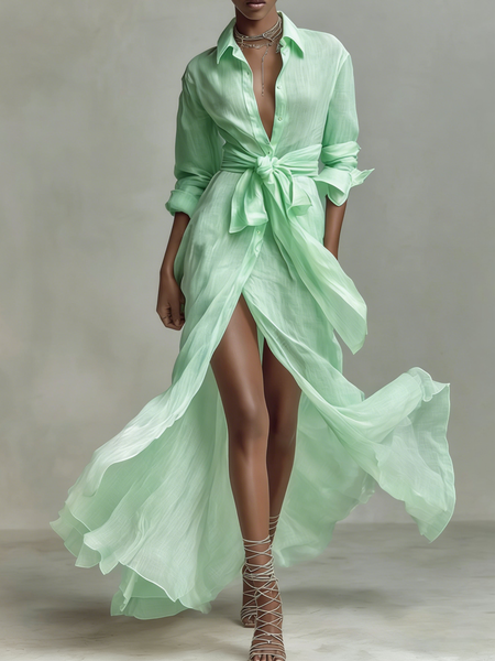 Casual Plain Shirt Collar Maxi Cotton And Linen Dress With Belt