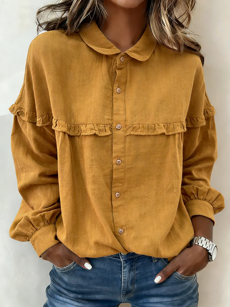 

Shawl Collar Loose Plain Vintage Shirt, Yellow, Blouses & Shirts