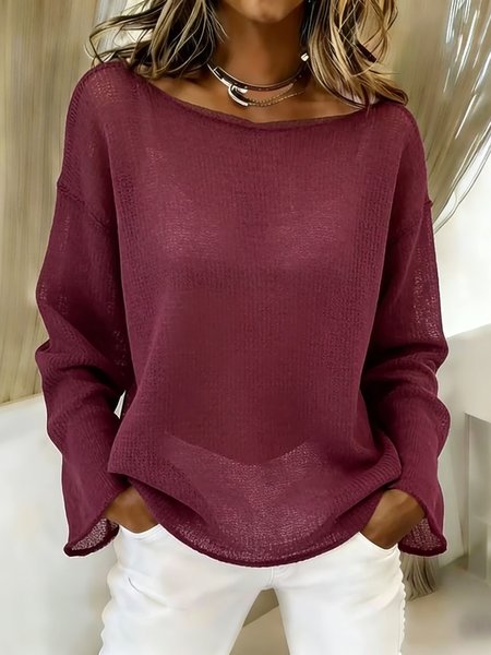 

Women's Long Sleeve Blouse Spring/Fall White Plain Crew Neck Daily Going Out Casual Smock, Wine red, Long Sleeves