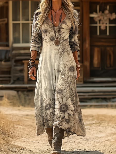 

Women Floral Spring/Fall Printing Dress V Neck Long Sleeve H-Line Dress, Apricot, Dresses