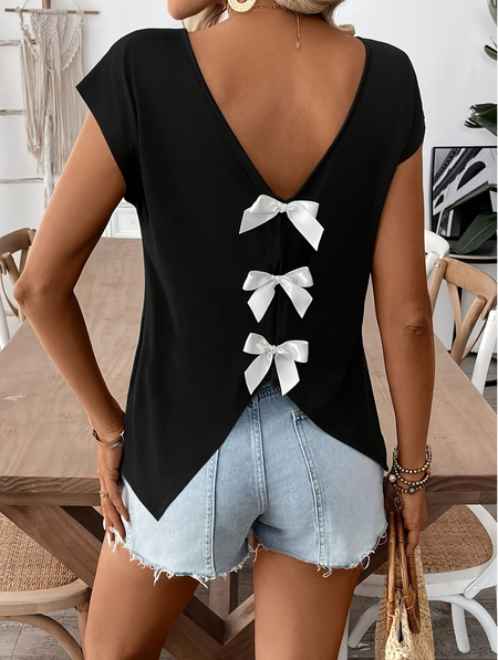 

Elegant Color Block V Neck Cap Sleeve T-shirt, Black, T-shirts