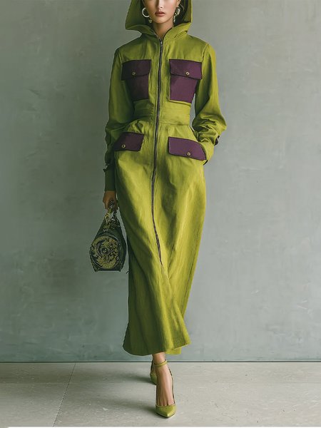 

Cotton And Linen Casual Color Block Pockets Hooded Maxi Dress, Green, Maxi Dresses