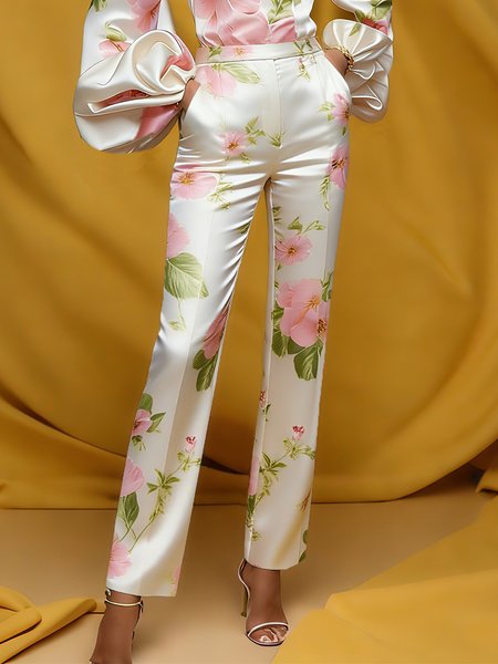 

Elegant Floral Printing Straight Pants, Pink-white, Pants