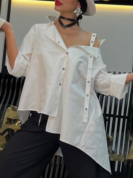 

Cotton Urban Plain Eyelet Cold Shoulder Asymmetrical Shirt, White, Blouses and Shirts