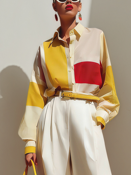 

Casual Geometric Printing Shirt Collar Shirt, Yellow, Blouses and Shirts