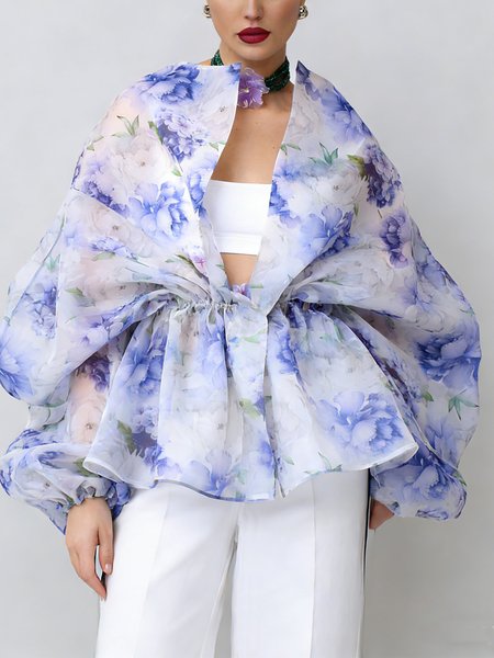 

Elegant Printing Floral Crew Neck Kimono, Blue, Kimonos