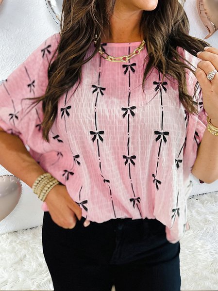 Crew Neck Half Sleeve 3D Printing Regular Loose Blouse For Women