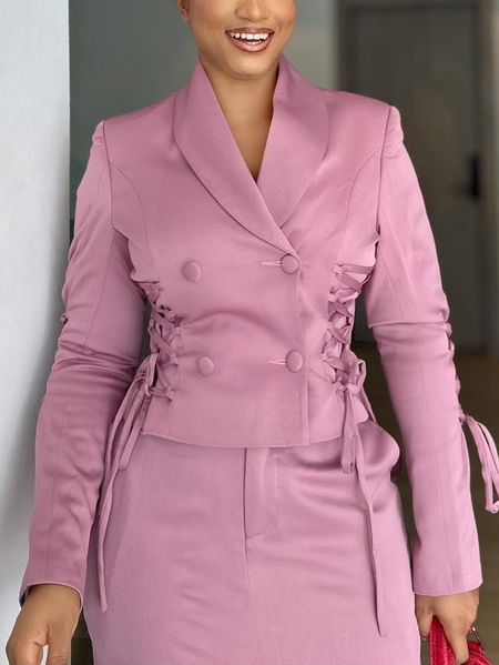 

Urban Lace-up Plain Lapel Collar Jacket, Pink, Jackets