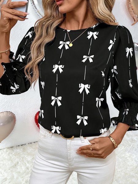 

Crew Neck Three Quarter Sleeve 3D Printing Regular Regular Fit Blouse For Women, Black, Blouses