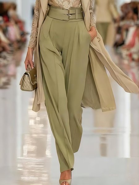 

Urban Plain Straight Pants With Belt, Green, Pants