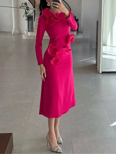 

Elegant Plain 3D Floral Crew Neck Midi Dress, Deep pink, Maxi Dresses