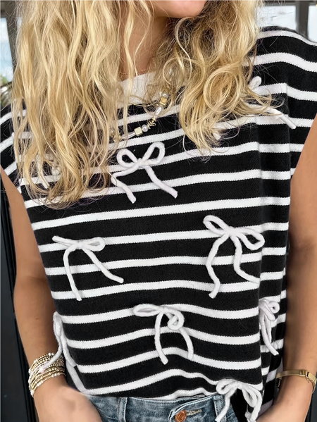 Stripe Knitted Elegant  Sleeveless Crew Neck Bow Casual Knit Top