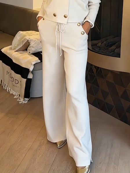 

Casual Plain Buttoned Wide Leg Pants, White, Pants