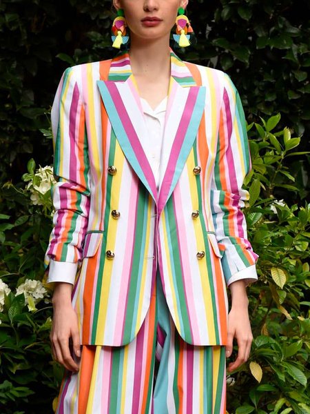

Vacation Printing Striped Lapel Collar Blazer, As picture, Blazers