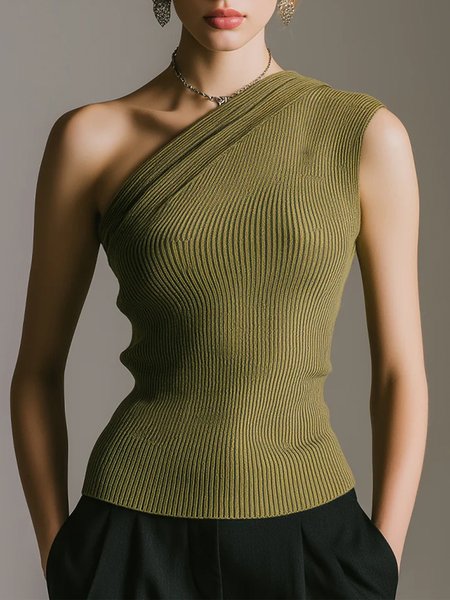 

Casual Plain One Shoulder Sweater Tank Top, Green, Tanks and Camis