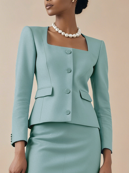 Elegant  Buttoned Plain Square Neck Blazer
