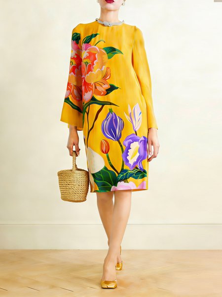 

Casual Floral Printing Crew Neck Midi Dress, Yellow, Midi Dresses
