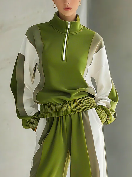 Cotton Casual Color Block Printing Stand Collar Sweatshirt