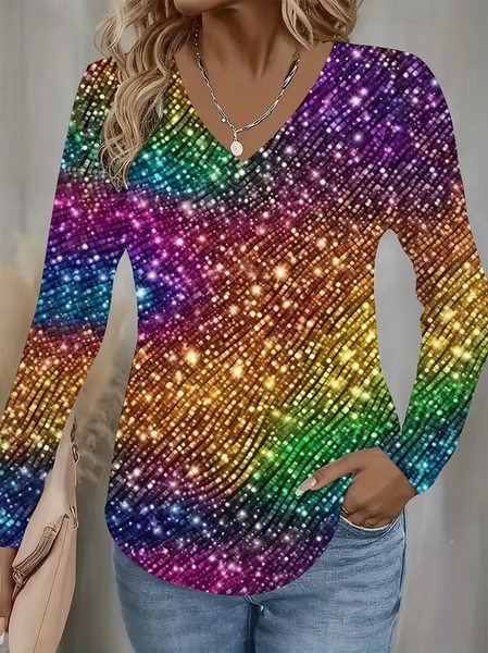 

Casual Abstract V Neck Long Sleeve T-shirt, As picture, T-shirts