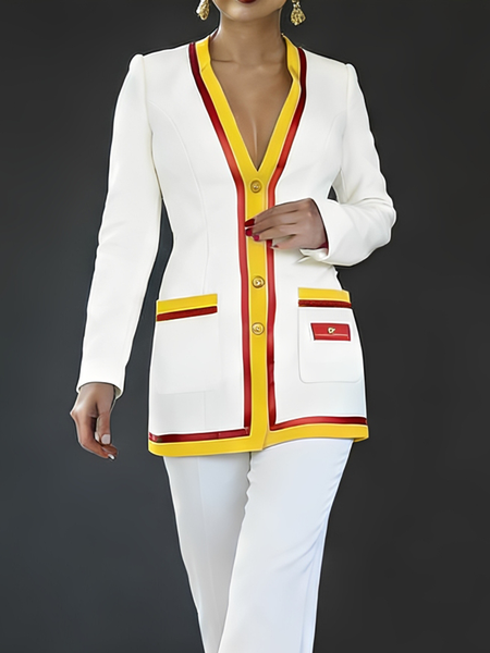 

Casual Color Block V Neck Jacket, White, Jackets