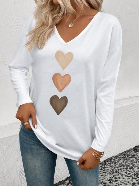 

Casual Heart/Cordate V Neck Long Sleeve T-shirt, White, T-shirts