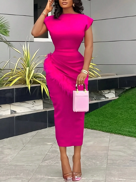 

Elegant Plain Feather-trimmed Boat Neck Midi Dress, Pink, Cocktail Dresses