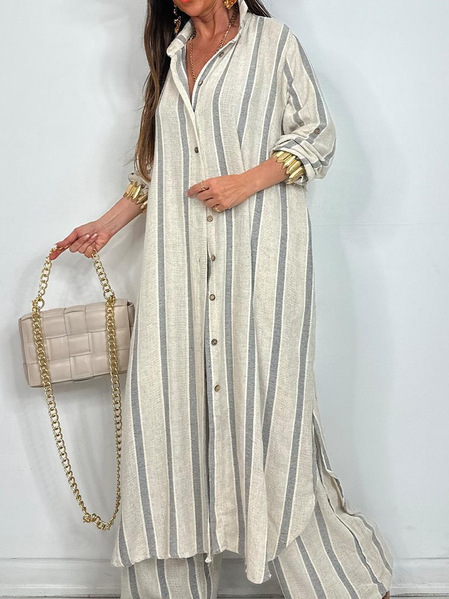 

Casual Buttoned Striped Shirt Collar Kimono, Apricot, Kimonos