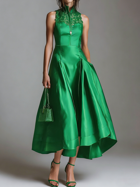 

Elegant Plain Stand Collar Maxi Dress, Green, Cocktail Dresses