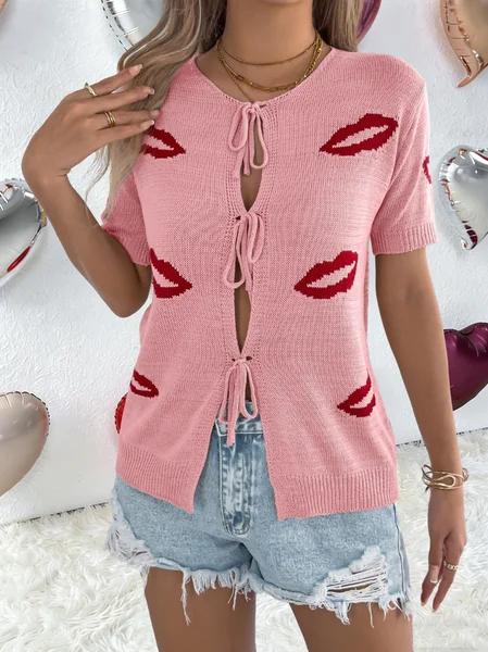 

Knitted Lips Print Casual Regular Fit 3D Printing Crew Neck Valentine's Day Going Out Knit Top, Pink, Blouses