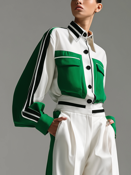 

Casual Color Block Buttoned Mock Neck Shirt, Green, Blouses and Shirts