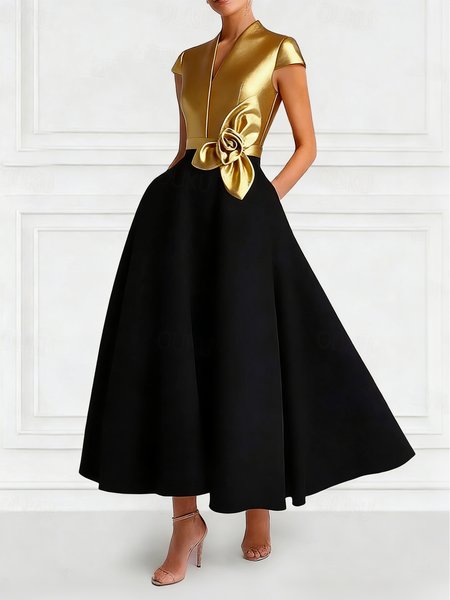 

Elegant Color Block Split Joint Cross Neck Party Maxi Dress With 3D floral, Black-gold, Cocktail Dresses