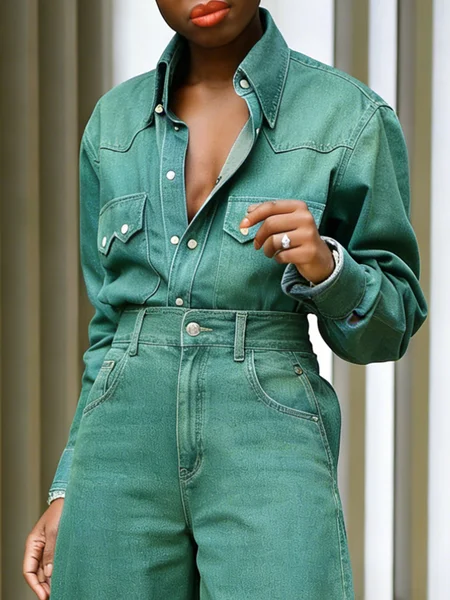 

Casual Plain Shirt Collar Denim Shirt, Green, Blouses and Shirts