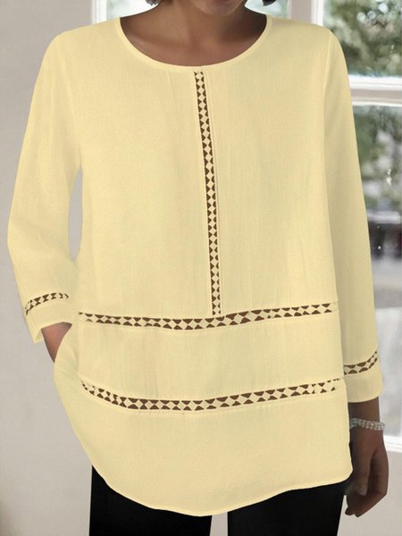 

Crew Neck Long Sleeve Plain Lace Edge Regular Loose Blouse For Women, Yellow, Blouses