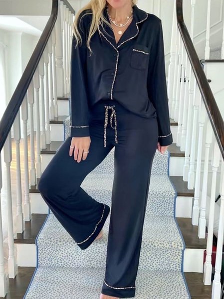 Plain Color Block Leopard Shawl Collar Long Sleeve Shirt With Pants Casual Pajama Set