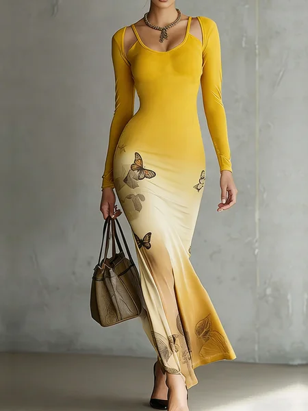 

Elegant Butterfly Crew Neck Maxi Dress, As picture, Maxi Dresses