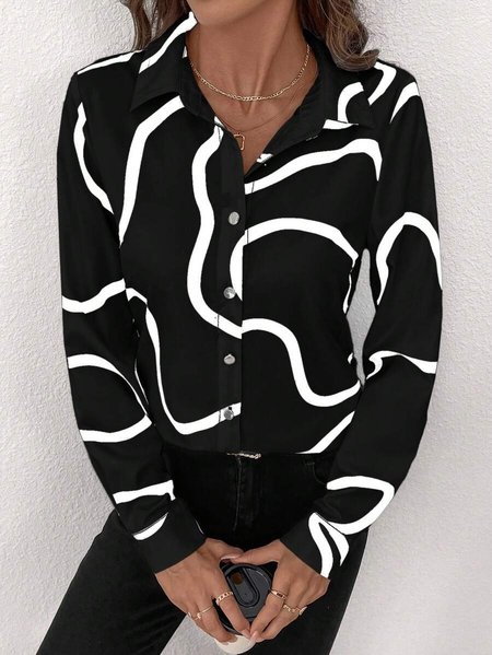 

Elegant Striped Long Sleeve T-shirt, Black-white, Shirts