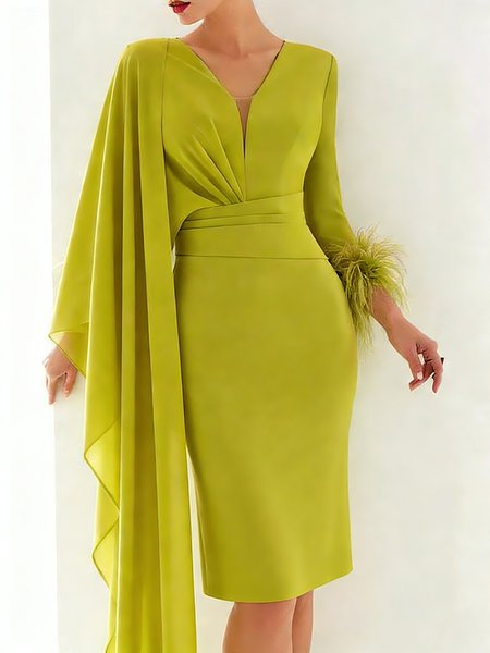 

Elegant Plain Feather-trimmed V Neck Midi Dress, Green, Cocktail Dresses