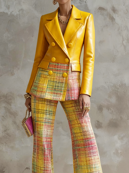 Urban Geometric Plaid Faux Leather Lapel Coat