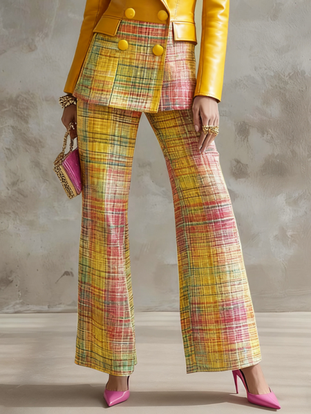 Urban Geometric Plaid Straight-Leg Pants