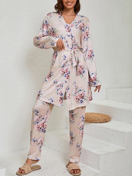 

Floral Print 3pcs Long Sleeve Sleeping Robe Halter-style Nightgown With Pants V Neck Simple Casual Pajama Set, Apricot, Pajamas