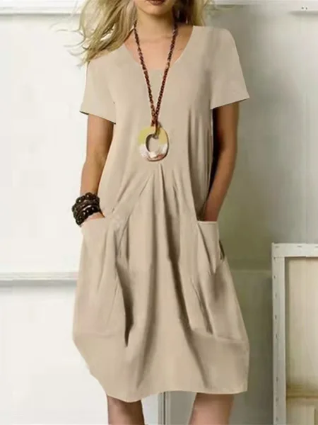 

Casual Plain Crew Neck Midi Dress, Khaki, Midi Dresses