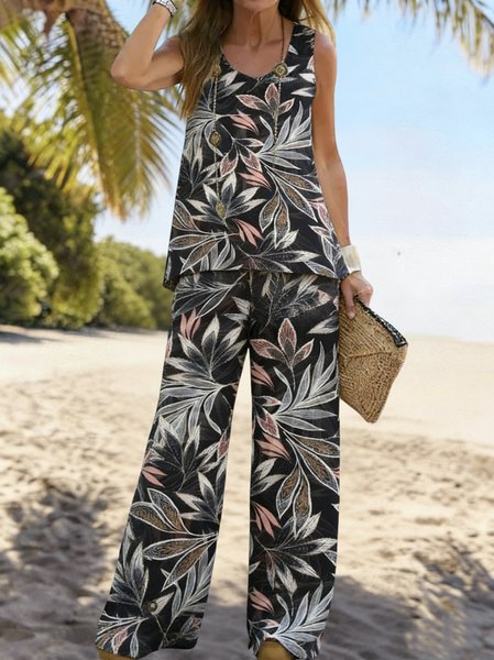 

Women Floral Pattern Two-Piece Set Daily Sleeveless Casual Summer Top With Pants Matching Set, Black, Sets