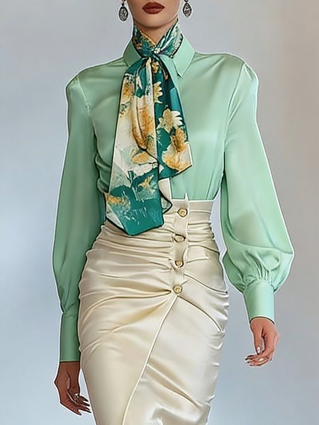 

Satin Elegant Floral Printing Tie Shirt Collar Shirt With Scarf, Green, Blouses and Shirts