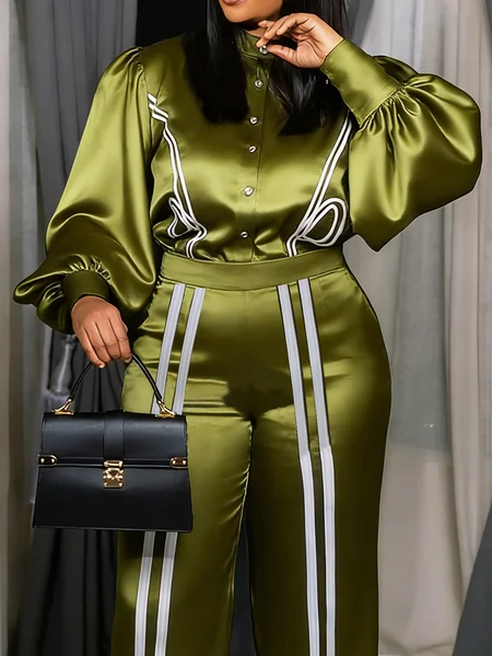 

Satin Urban Color Block Stand Collar Shirt, Green, Blouses and Shirts