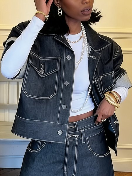 

Casual Buttoned Plain Lapel Collar Denim Coat, Blue, Jackets