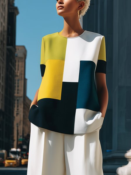 

Casual Colorblock Printing Crew Neck Blouse, As picture, Blouses and Shirts