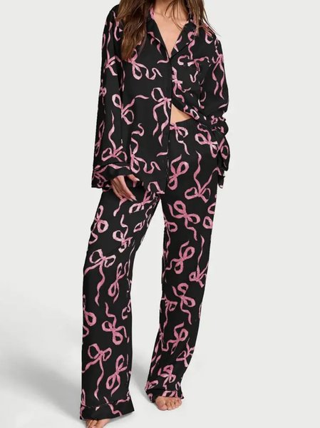 

Casual Shawl Collar 3D Printing Bow Print Long Sleeve Shirt With Pants Pajama Set, Black, Pajamas