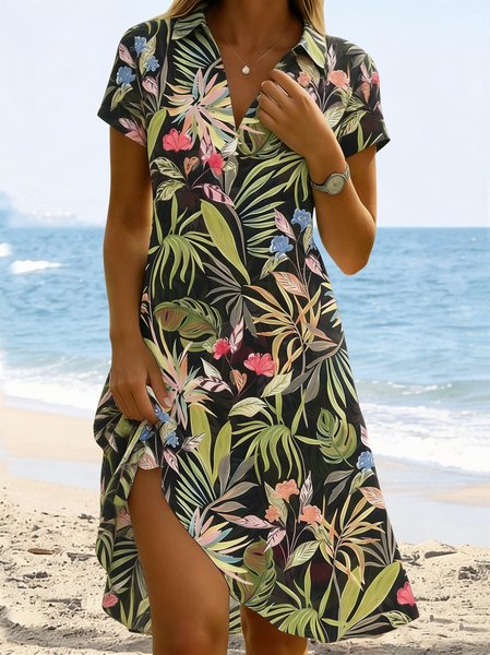 

Women Floral Summer Dress Shawl Collar Short Sleeve Fit & Flare Dress A-Line Dress, Black, Dresses